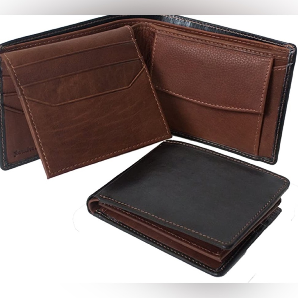 Trifold brown black leather wallet 7762